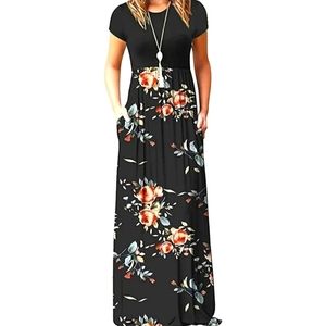 Women Short Sleeve Loose Plain Casual Long Maxi Dresses With Pockets. Size(Smal)